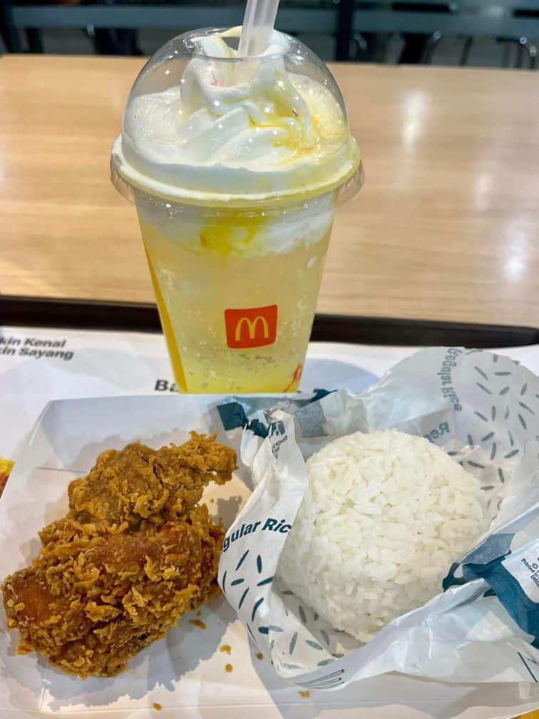 Chicken and rice at McDonalds in Indonesia