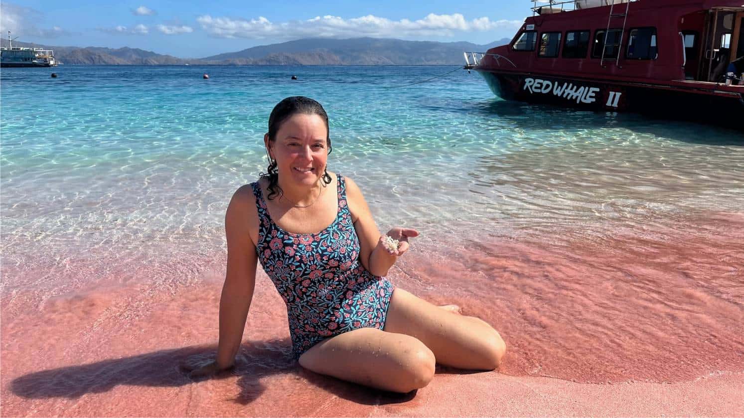 Sitting on pink beach with Komodo Island boat tour