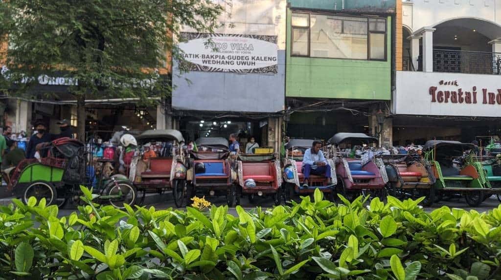 Becaks lined up along Mailioboro Street in Yogyakarta