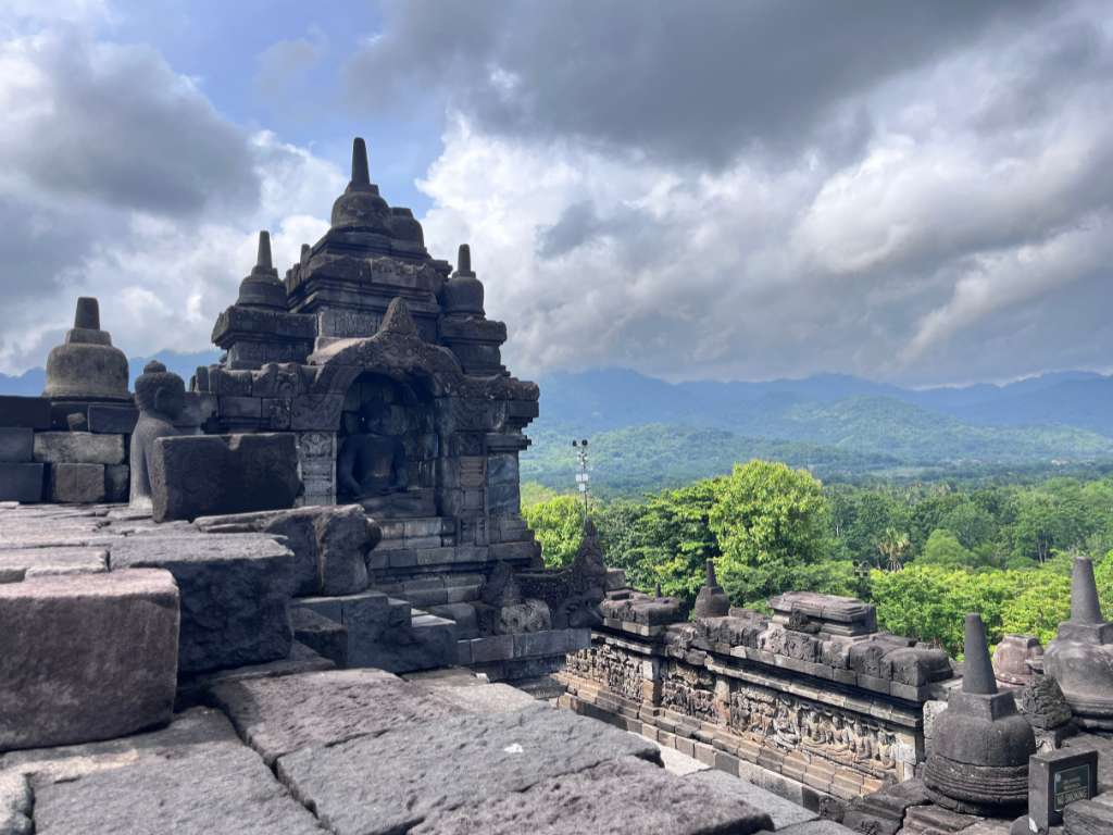 view from Borobudur with mountains in the distance