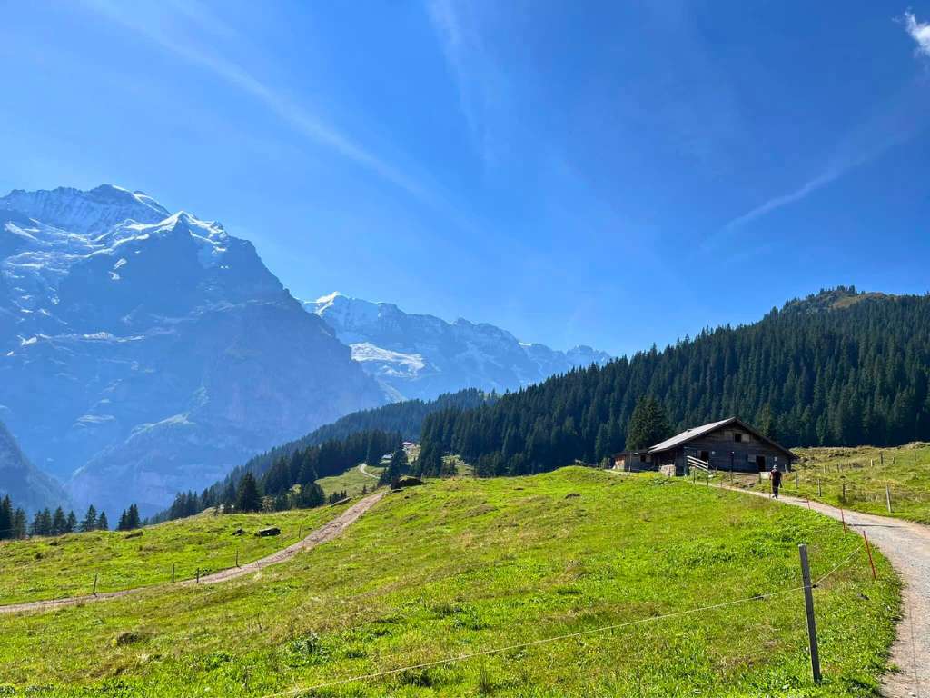 chalet on side of path with swiss alps in distance